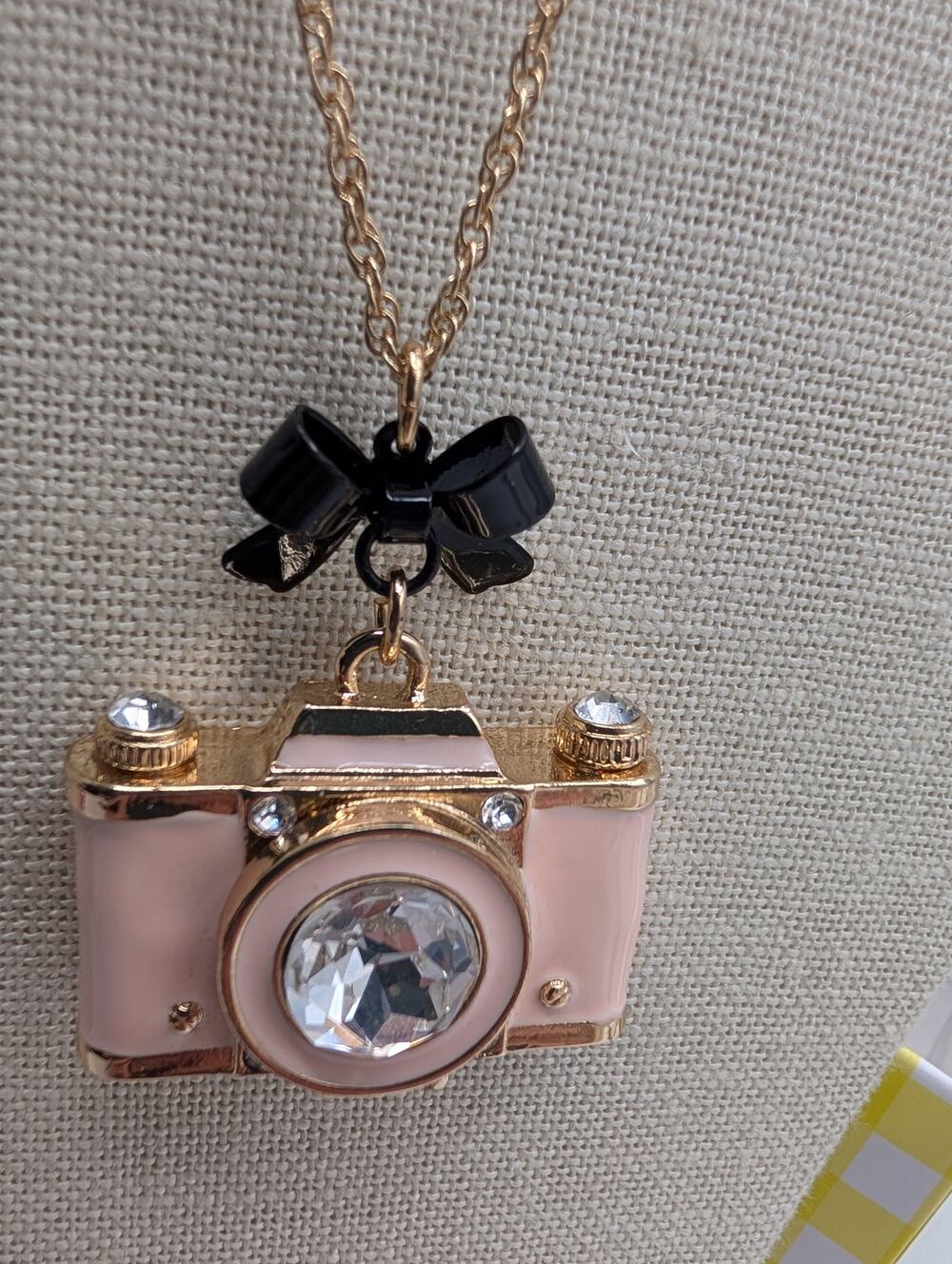 Betsey Johnson Pink Camera Pendant Necklace Gold Tone Black Bow New-Box has wear